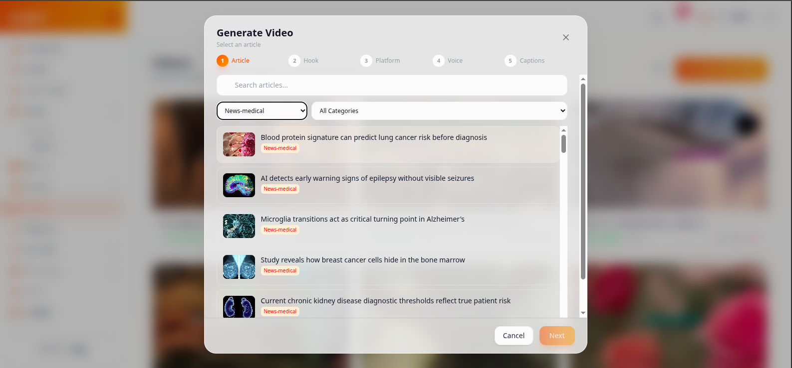 Autgenix video generation flow with a list of recent source articles