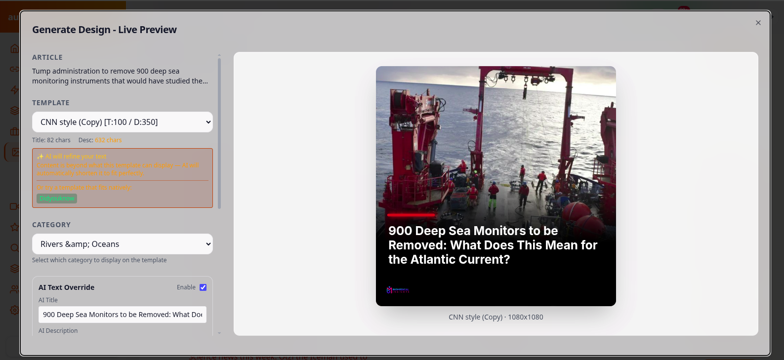 Autgenix live preview showing a custom news-style social graphic